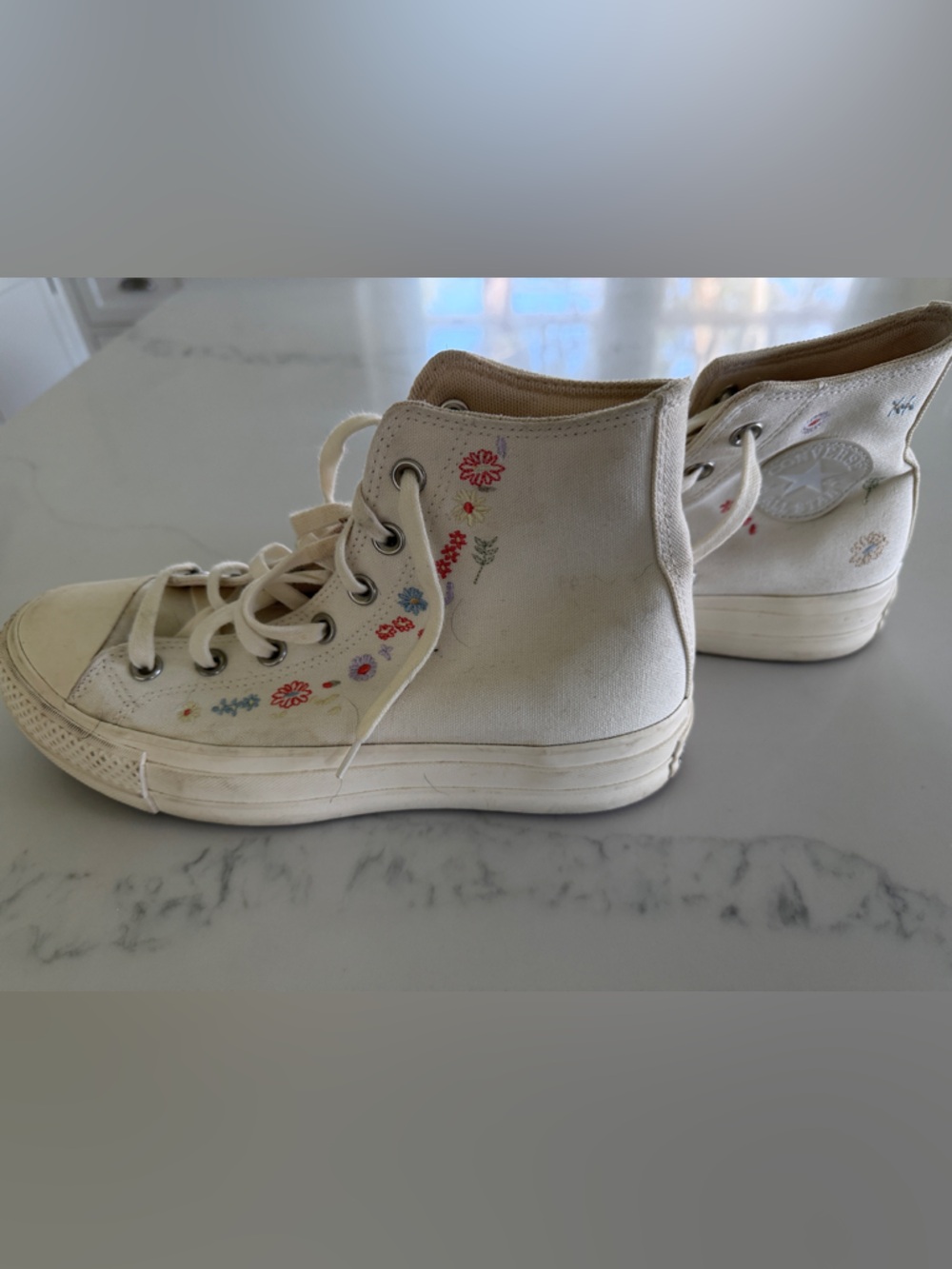 Converse Cream High Top Sneakers with Multicolor Floral Embroidery